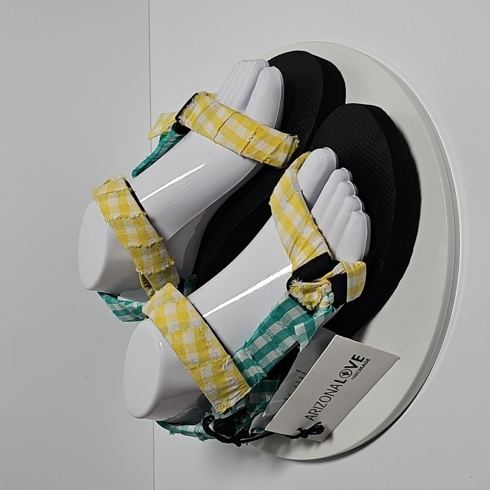 Arizona Love Trekky Flat Sandals Bandana Gingham Green Yellow Handmade Sz 40 10